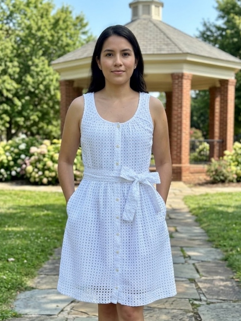 Kate Spade Broome Street White Eyelet Dress Belted A-Line Cotton Sz M